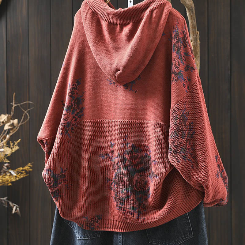 Nimara Ritual Women's Knitted Floral Long Sleeve Hooded Sweater