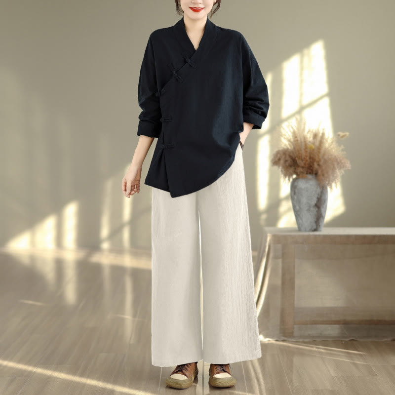 Nimara Ritual 2Pcs V-Neck Long Sleeve Shirt Wide Leg Pants Zen Meditation Women's Set