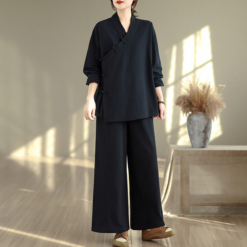 Nimara Ritual 2Pcs V-Neck Long Sleeve Shirt Wide Leg Pants Zen Meditation Women's Set