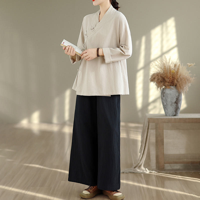 Nimara Ritual 2Pcs V-Neck Long Sleeve Shirt Wide Leg Pants Zen Meditation Women's Set