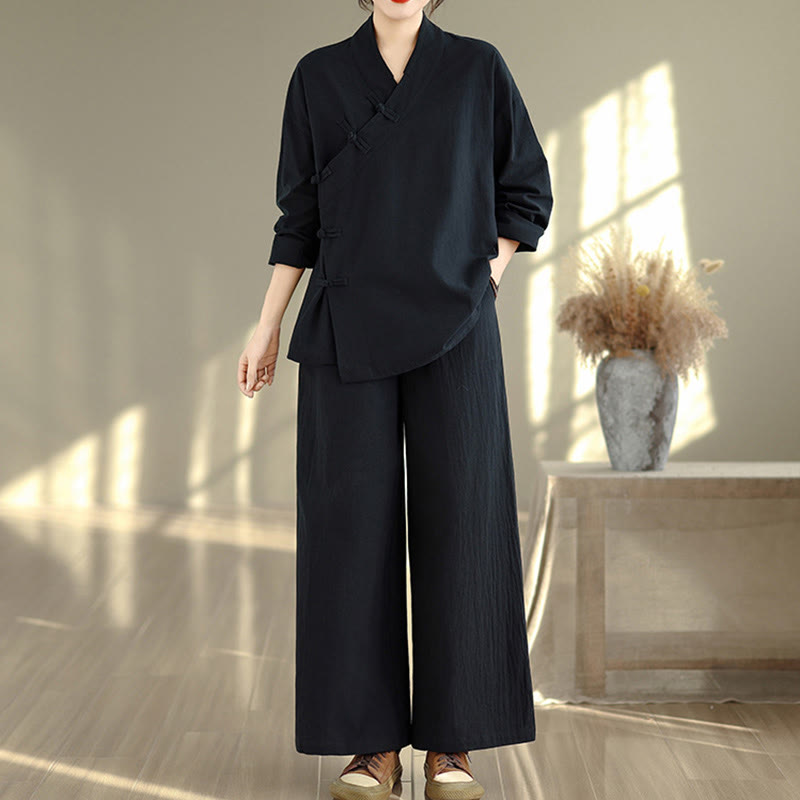 Nimara Ritual 2Pcs V-Neck Long Sleeve Shirt Wide Leg Pants Zen Meditation Women's Set