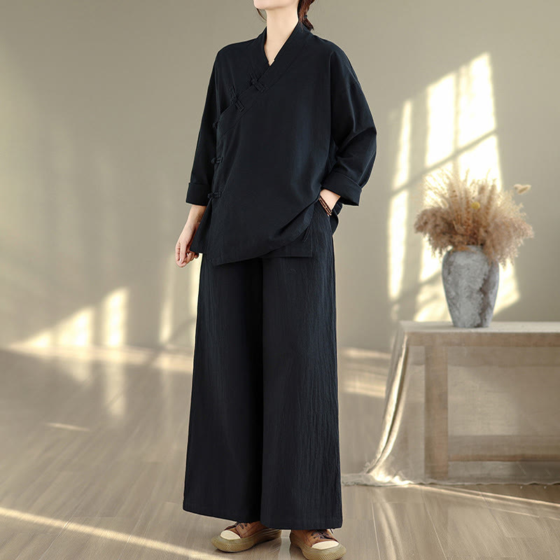 Nimara Ritual 2Pcs V-Neck Long Sleeve Shirt Wide Leg Pants Zen Meditation Women's Set