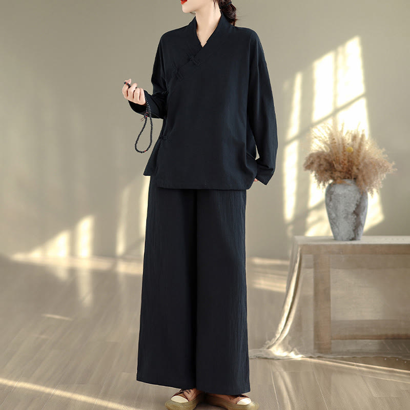 Nimara Ritual 2Pcs V-Neck Long Sleeve Shirt Wide Leg Pants Zen Meditation Women's Set