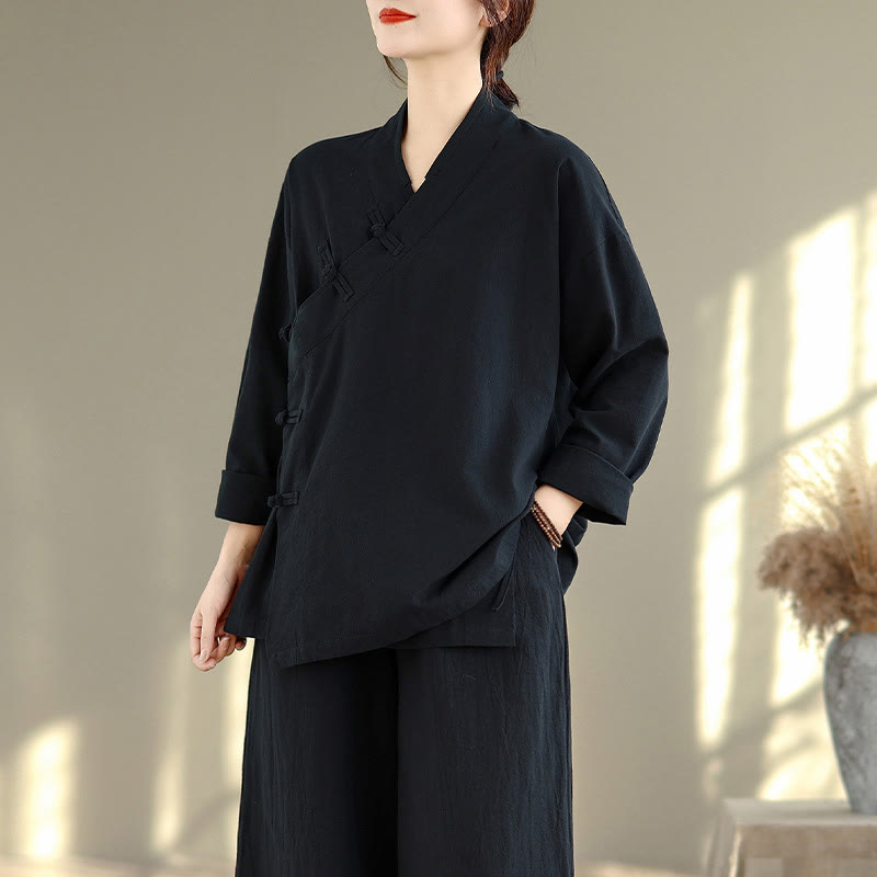 Nimara Ritual 2Pcs V-Neck Long Sleeve Shirt Wide Leg Pants Zen Meditation Women's Set