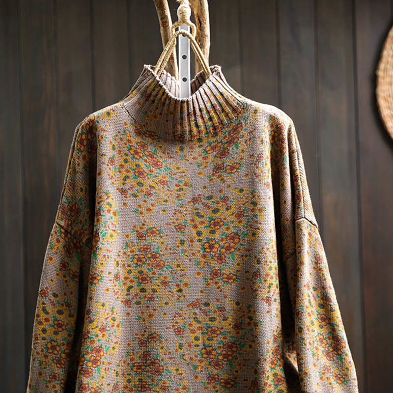 Nimara Ritual Women's Knitted Floral Cotton Ribbed Hem Long Sleeve Mock Neck Sweater