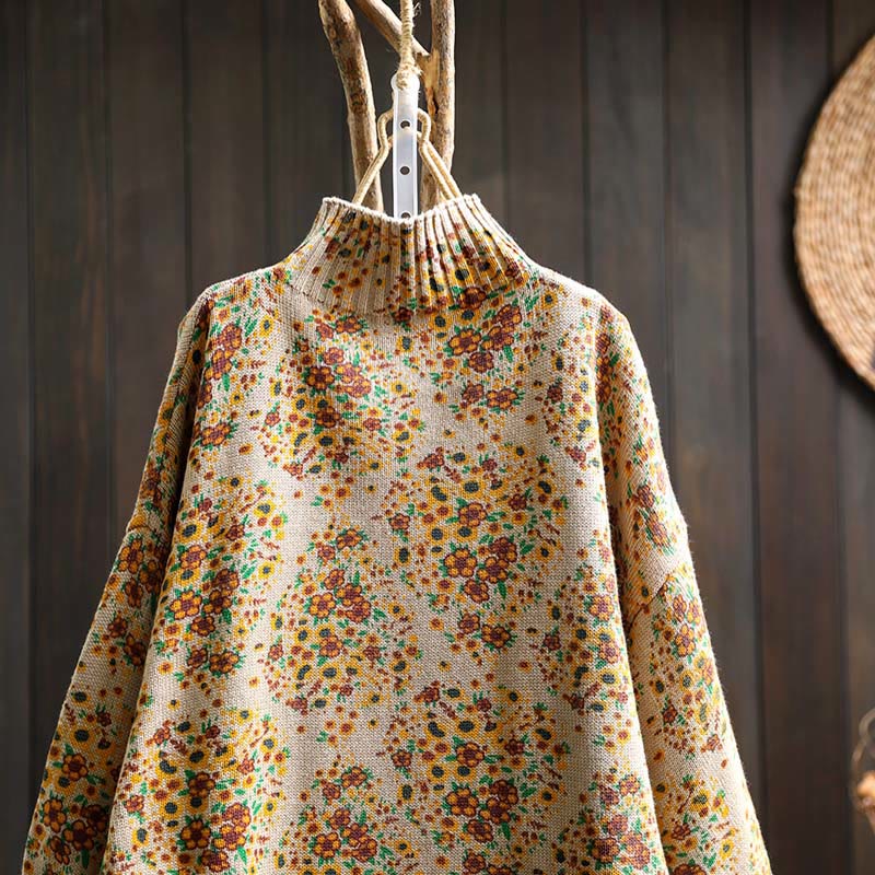 Nimara Ritual Women's Knitted Floral Cotton Ribbed Hem Long Sleeve Mock Neck Sweater