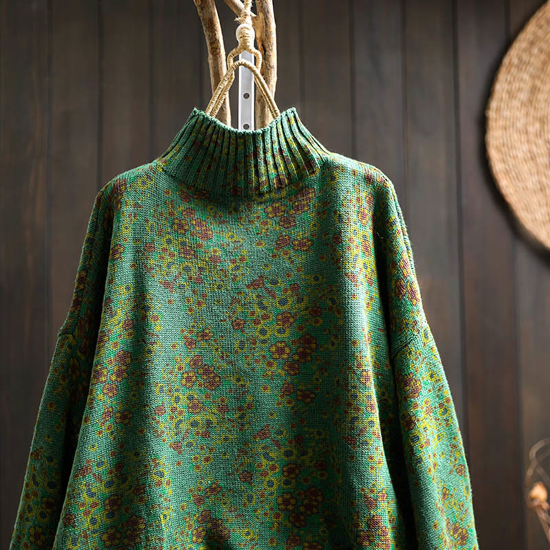 Nimara Ritual Women's Knitted Floral Cotton Ribbed Hem Long Sleeve Mock Neck Sweater