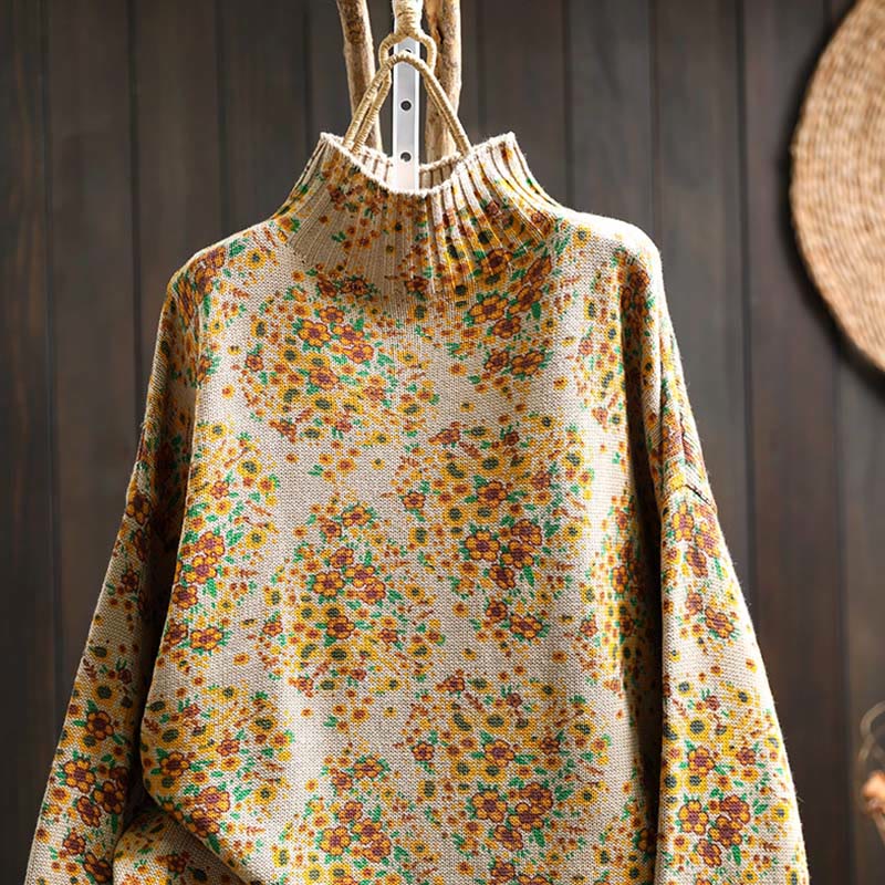 Nimara Ritual Women's Knitted Floral Cotton Ribbed Hem Long Sleeve Mock Neck Sweater