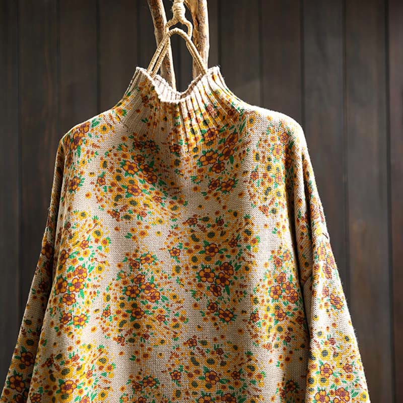 Nimara Ritual Women's Knitted Floral Cotton Ribbed Hem Long Sleeve Mock Neck Sweater
