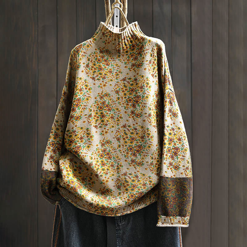 Nimara Ritual Women's Knitted Floral Cotton Ribbed Hem Long Sleeve Mock Neck Sweater