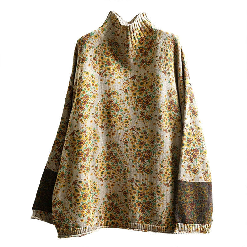 Nimara Ritual Women's Knitted Floral Cotton Ribbed Hem Long Sleeve Mock Neck Sweater