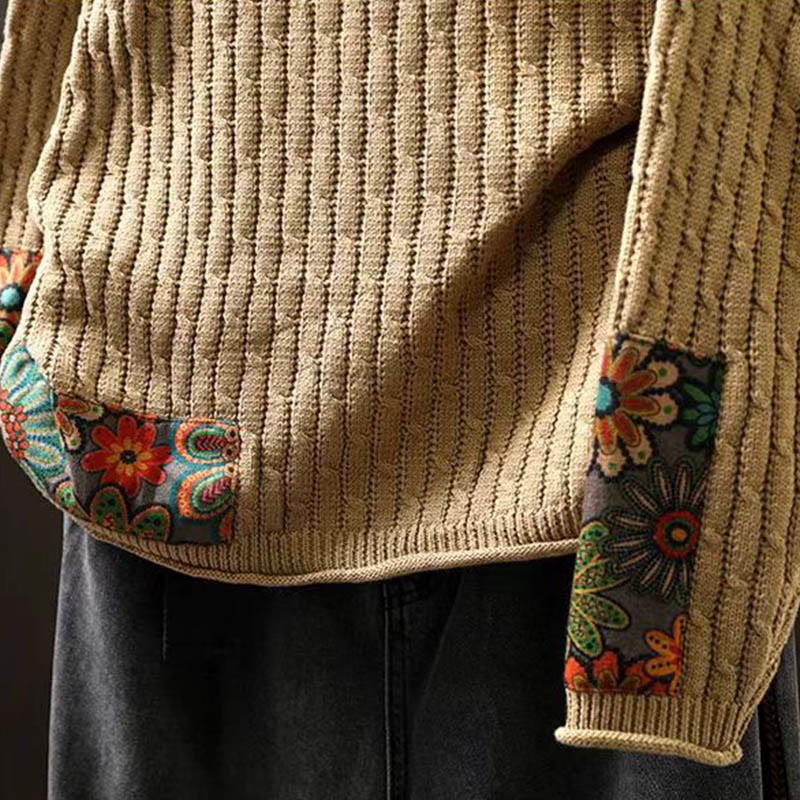 Nimara Ritual Winter Patchwork Design Long Sleeve Crew Neck Women's Sweater