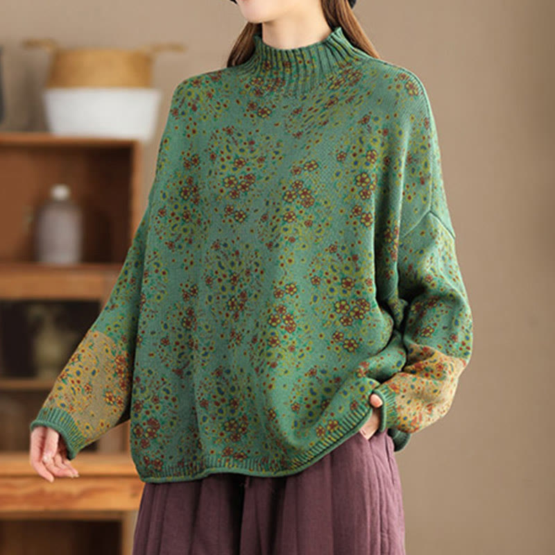 Nimara Ritual Fall Printing Floral Long Sleeve Mock Neck Women's Knitted Sweater
