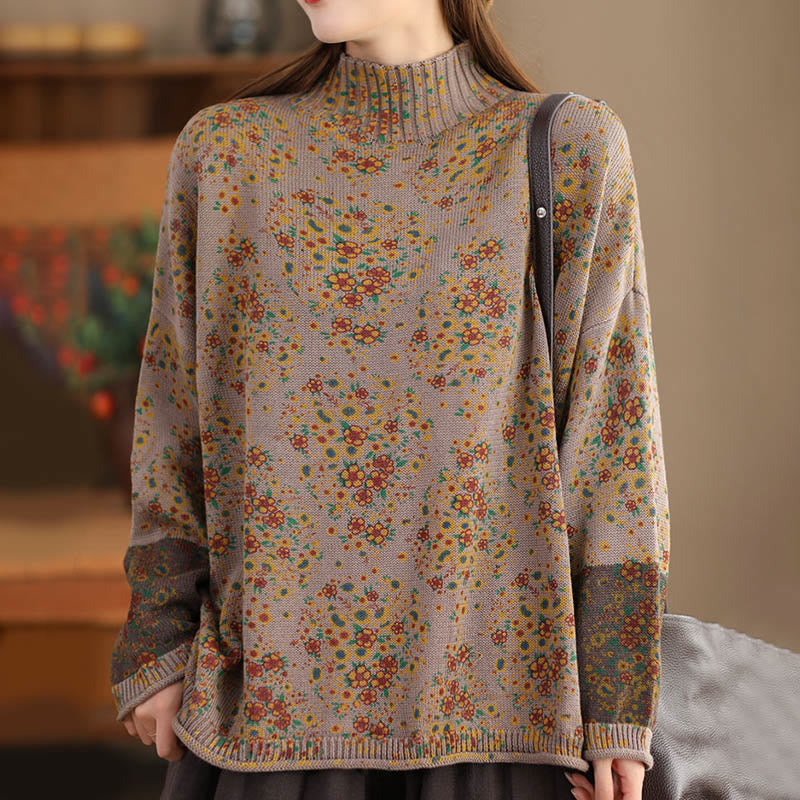 Nimara Ritual Fall Printing Floral Long Sleeve Mock Neck Women's Knitted Sweater