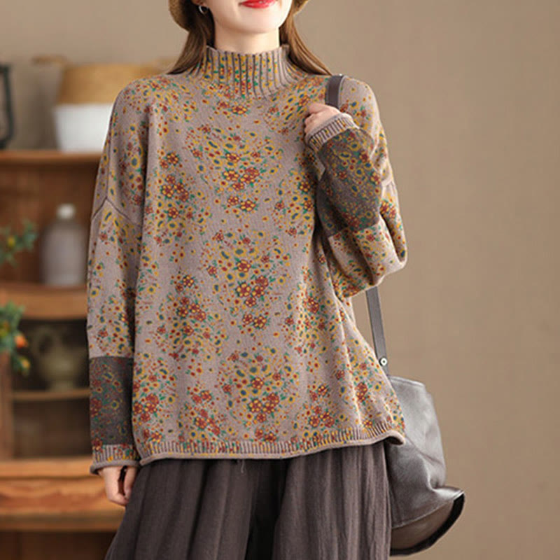 Nimara Ritual Fall Printing Floral Long Sleeve Mock Neck Women's Knitted Sweater