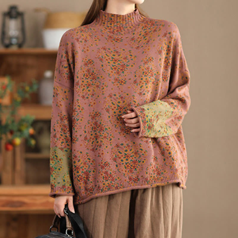 Nimara Ritual Fall Printing Floral Long Sleeve Mock Neck Women's Knitted Sweater
