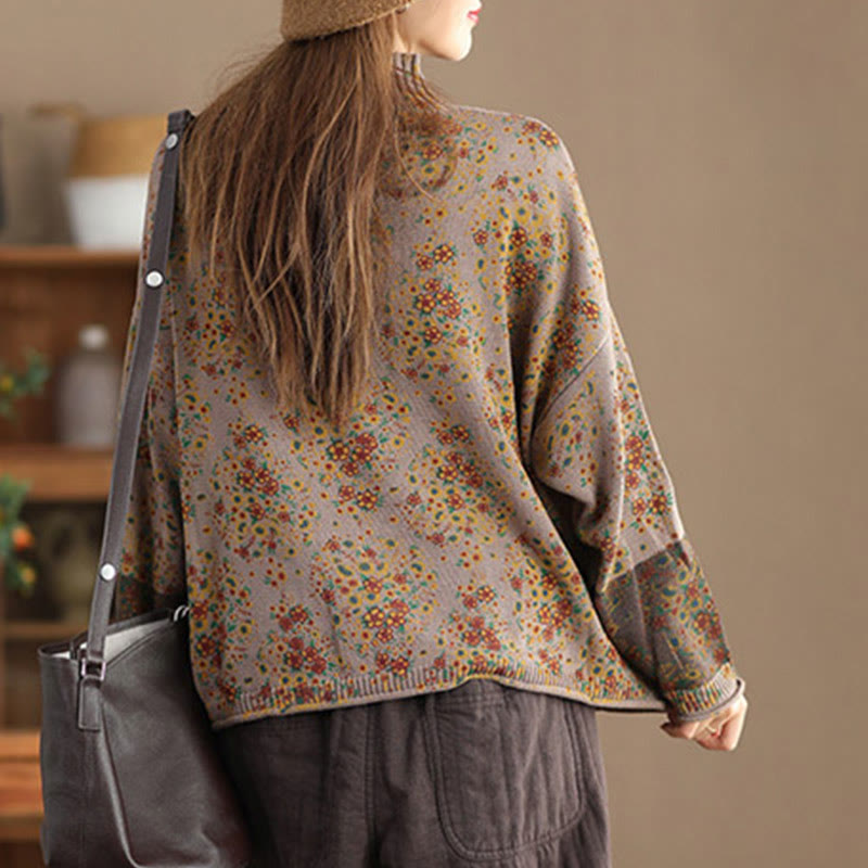 Nimara Ritual Fall Printing Floral Long Sleeve Mock Neck Women's Knitted Sweater