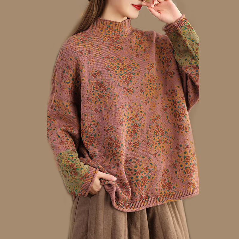 Nimara Ritual Fall Printing Floral Long Sleeve Mock Neck Women's Knitted Sweater