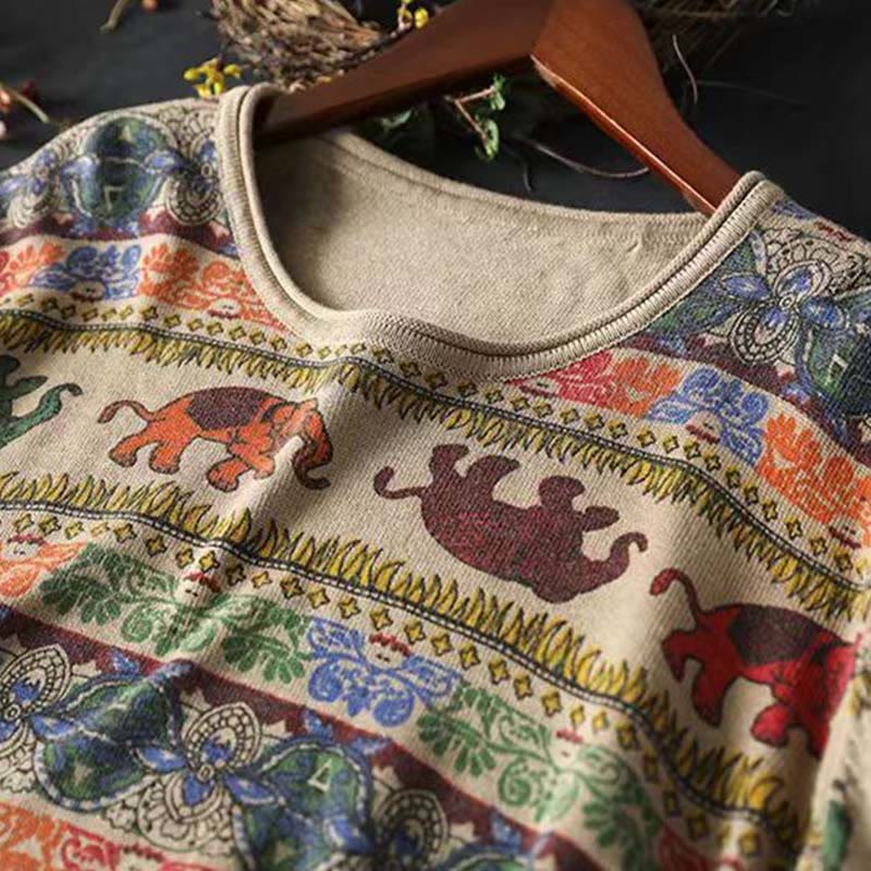 Nimara Ritual Fall Elephant Pattern Knitted Cotton Women's Long Sleeve Sweater With Pockets