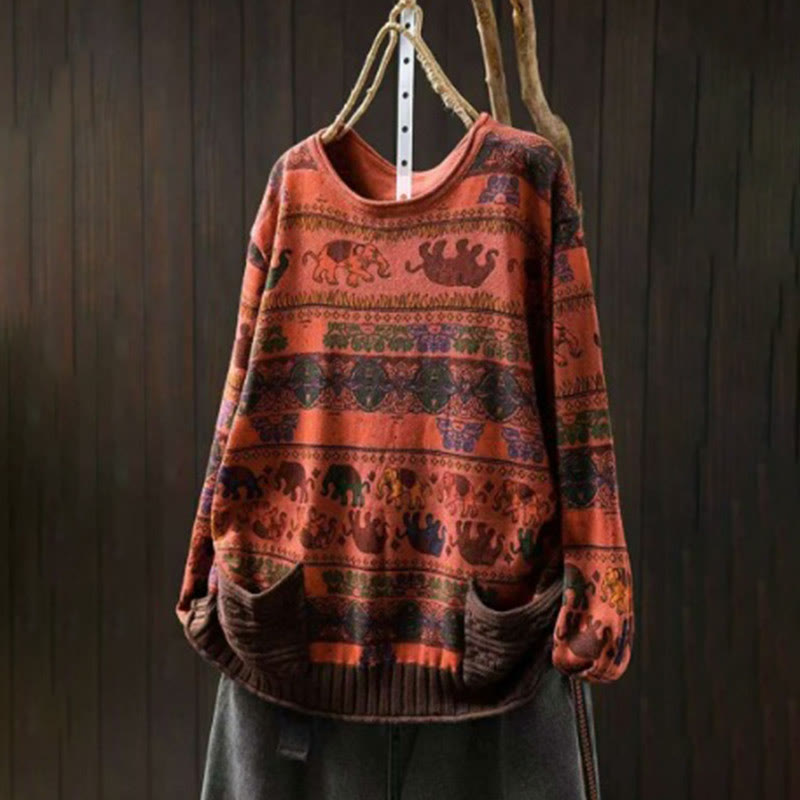 Nimara Ritual Fall Elephant Pattern Knitted Cotton Women's Long Sleeve Sweater With Pockets