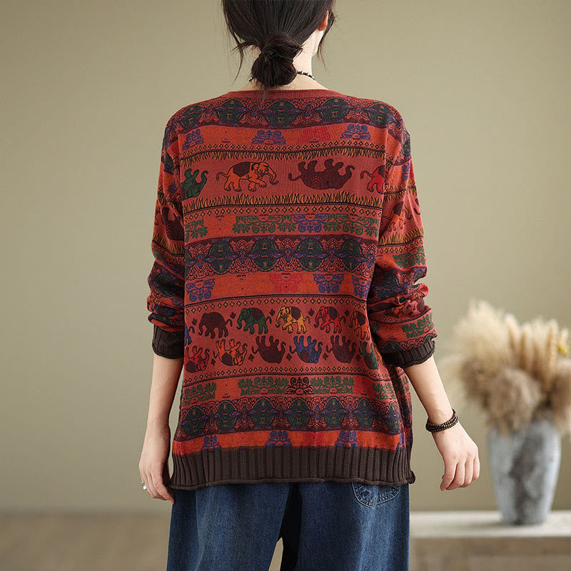 Nimara Ritual Fall Elephant Pattern Knitted Cotton Women's Long Sleeve Sweater With Pockets