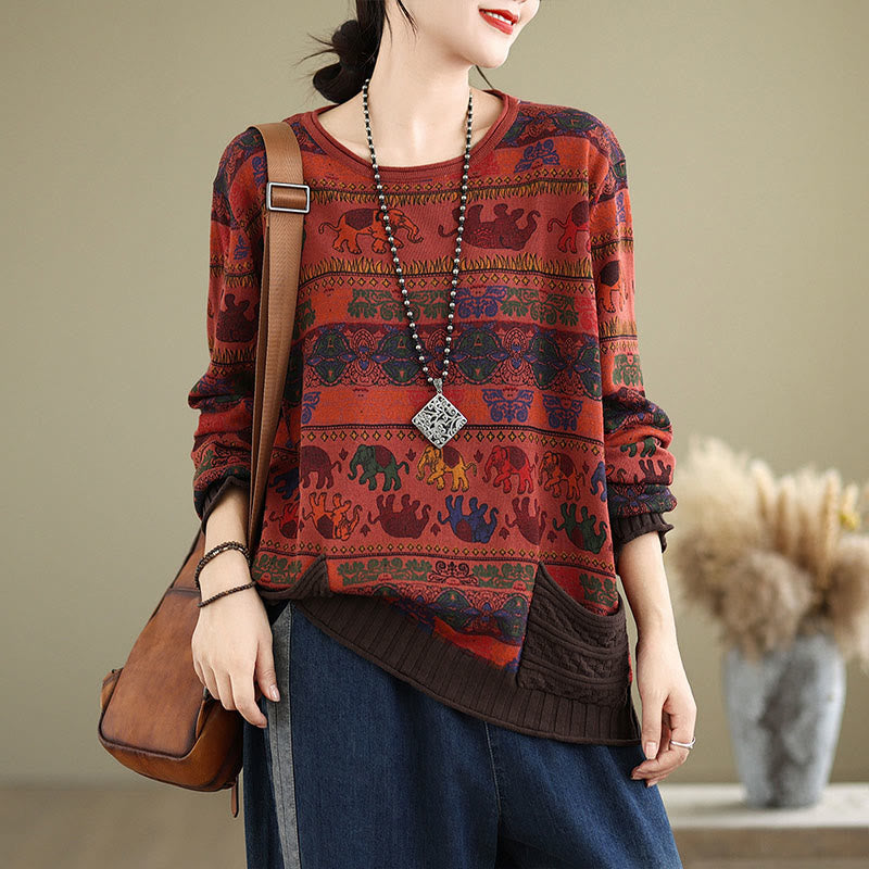 Nimara Ritual Fall Elephant Pattern Knitted Cotton Women's Long Sleeve Sweater With Pockets