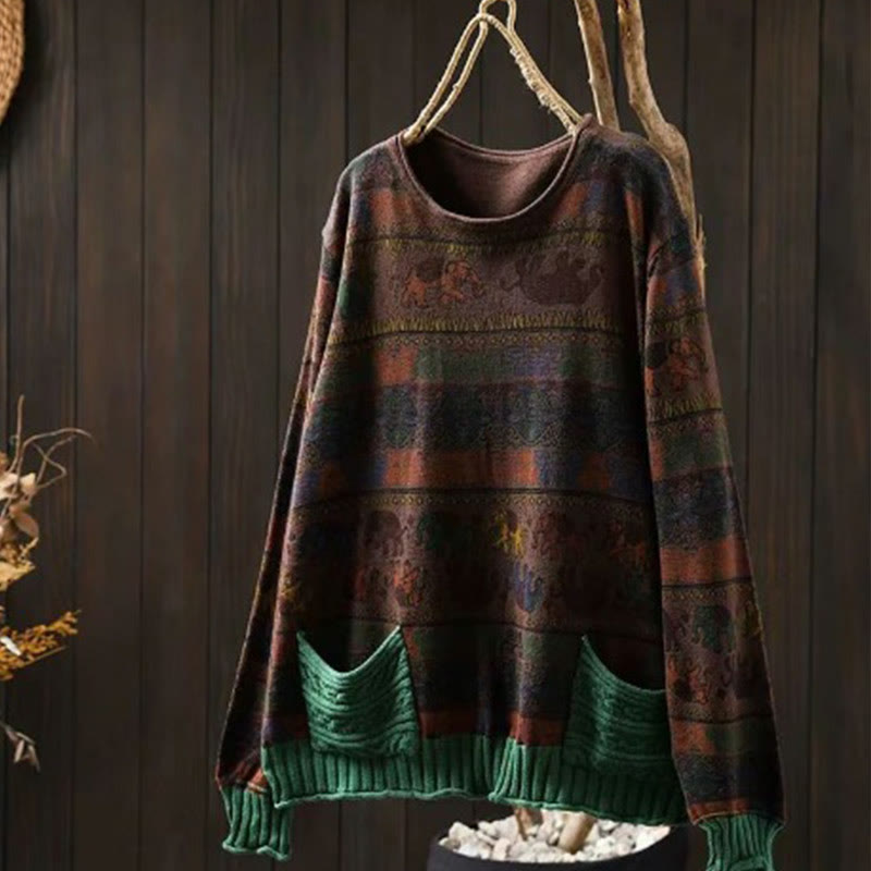 Nimara Ritual Fall Elephant Pattern Knitted Cotton Women's Long Sleeve Sweater With Pockets