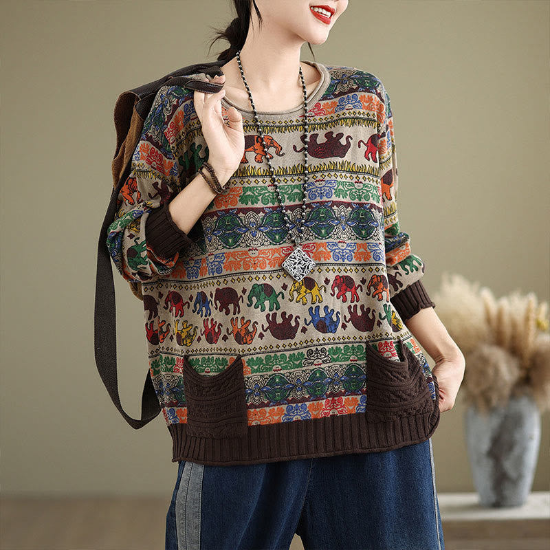 Nimara Ritual Fall Elephant Pattern Knitted Cotton Women's Long Sleeve Sweater With Pockets
