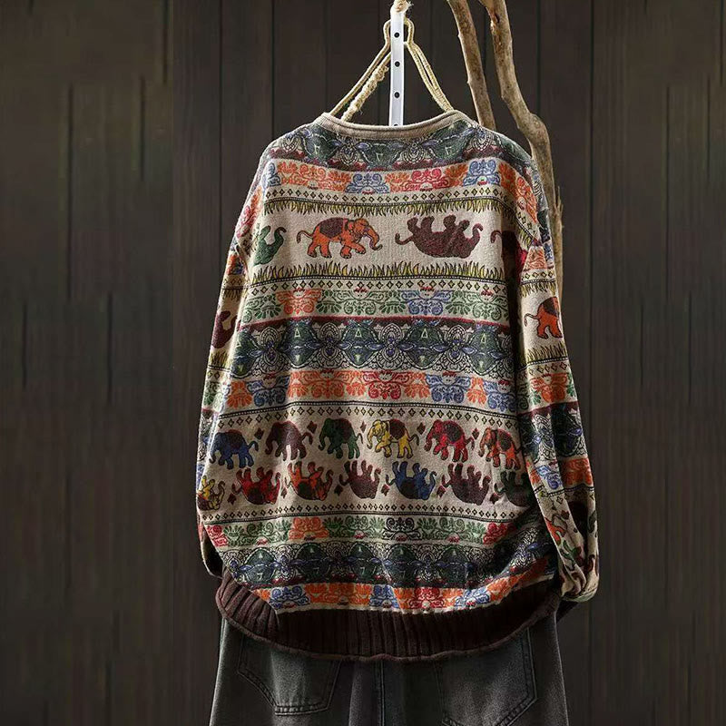 Nimara Ritual Fall Elephant Pattern Knitted Cotton Women's Long Sleeve Sweater With Pockets