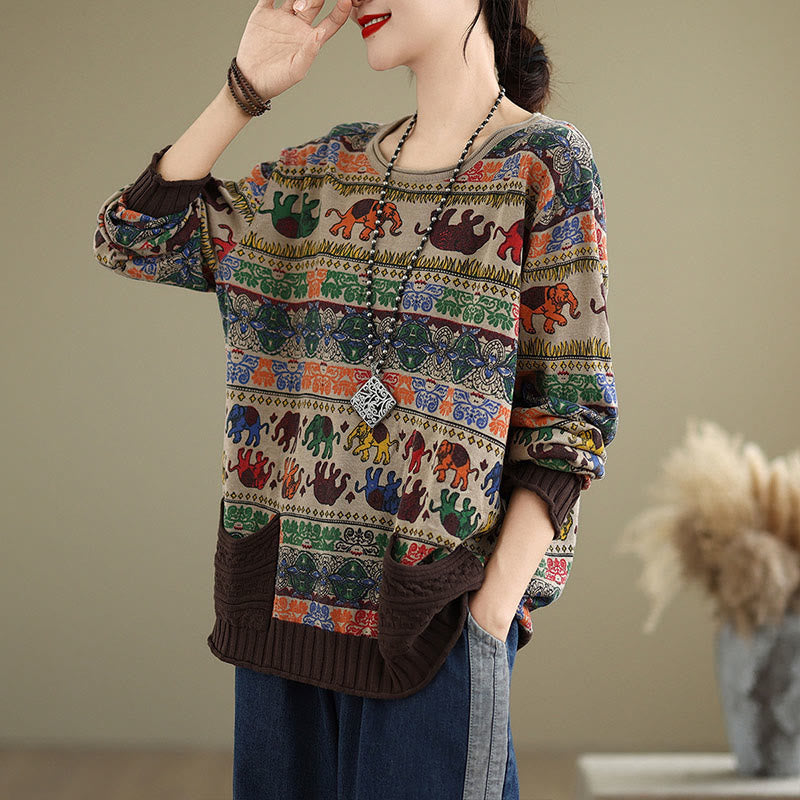 Nimara Ritual Fall Elephant Pattern Knitted Cotton Women's Long Sleeve Sweater With Pockets