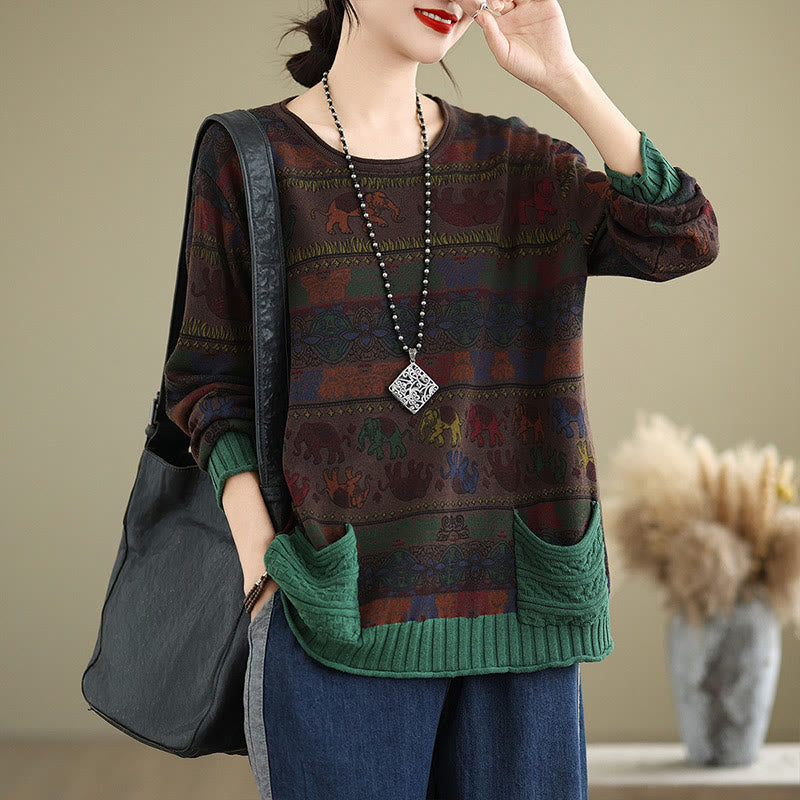 Nimara Ritual Fall Elephant Pattern Knitted Cotton Women's Long Sleeve Sweater With Pockets