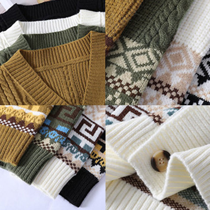 Nimara Ritual Jacquard Ethnic Long Sleeve Men's Knitted Sweater With Pockets