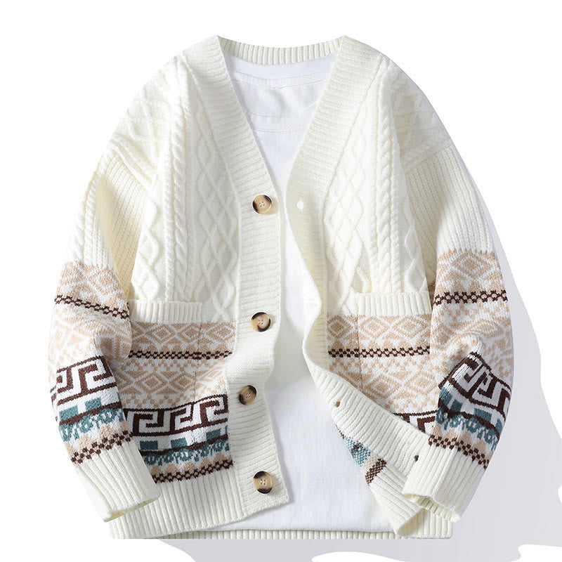 Nimara Ritual Jacquard Ethnic Long Sleeve Men's Knitted Sweater With Pockets