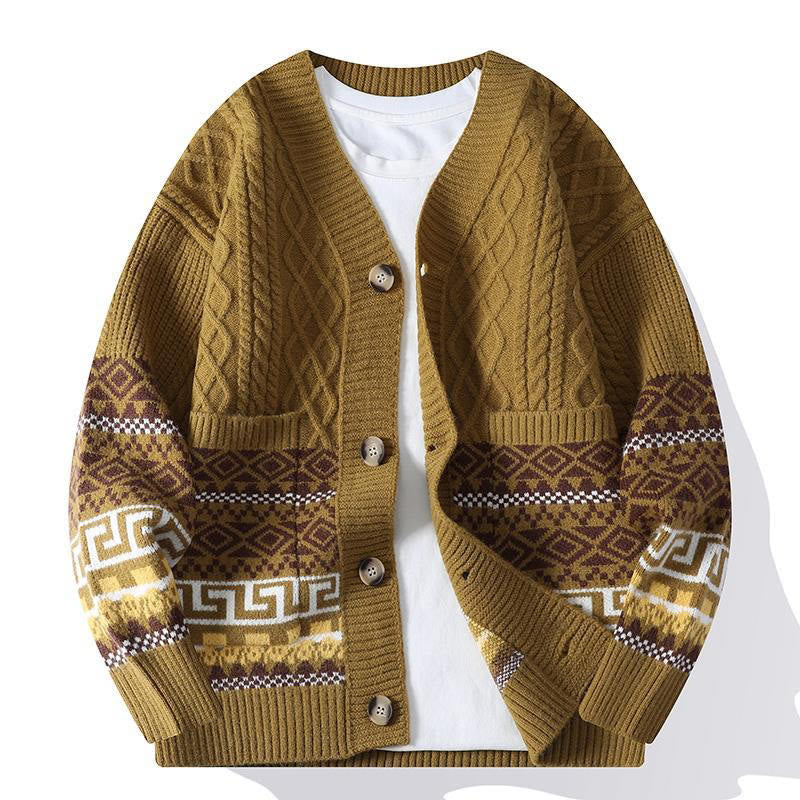 Nimara Ritual Jacquard Ethnic Long Sleeve Men's Knitted Sweater With Pockets