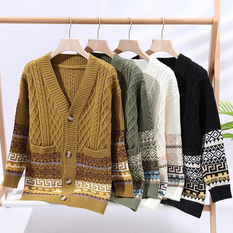 Nimara Ritual Jacquard Ethnic Long Sleeve Men's Knitted Sweater With Pockets
