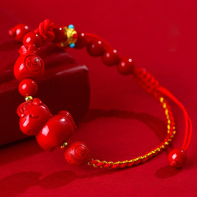 Nimara Ritual Year of the Horse Natural Cinnabar Fu Character Lucky Bag Blessing Bracelet