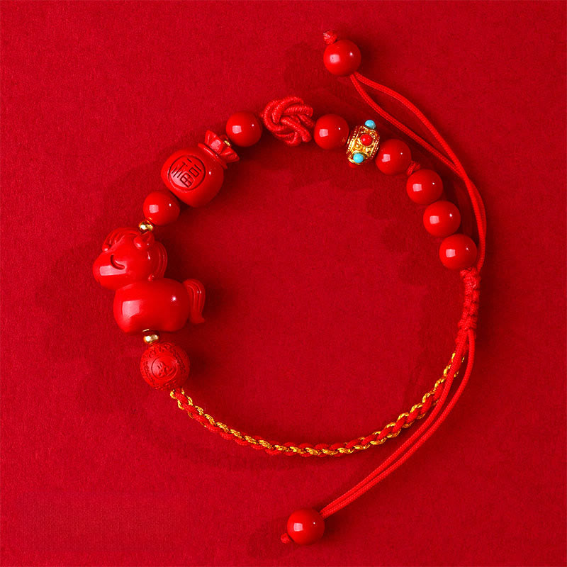 Nimara Ritual Year of the Horse Natural Cinnabar Fu Character Lucky Bag Blessing Bracelet