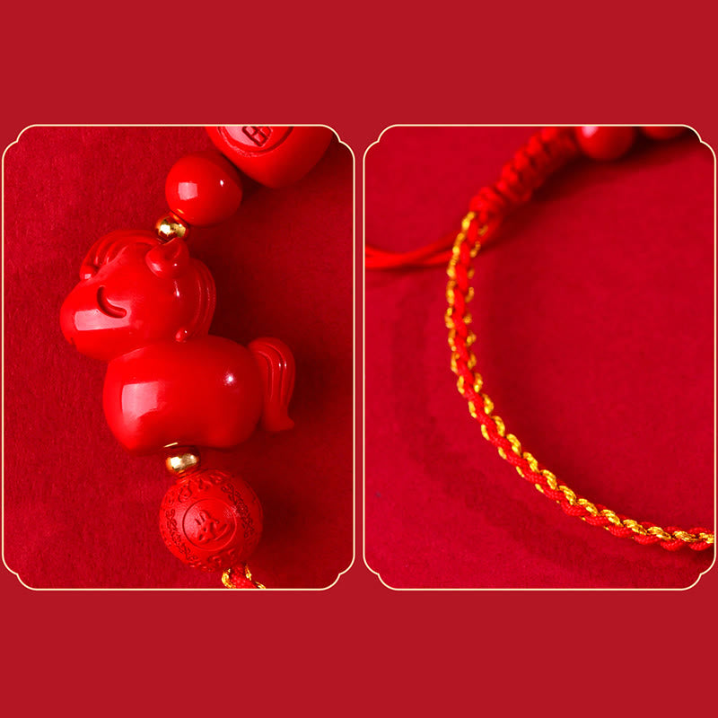 Nimara Ritual Year of the Horse Natural Cinnabar Fu Character Lucky Bag Blessing Bracelet