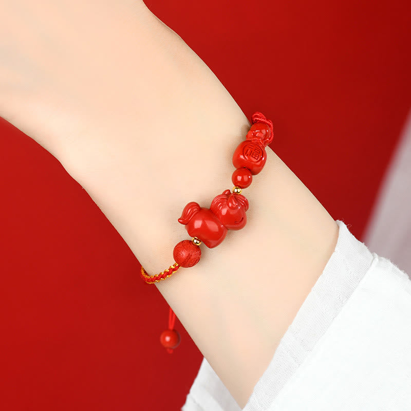 Nimara Ritual Year of the Horse Natural Cinnabar Fu Character Lucky Bag Blessing Bracelet