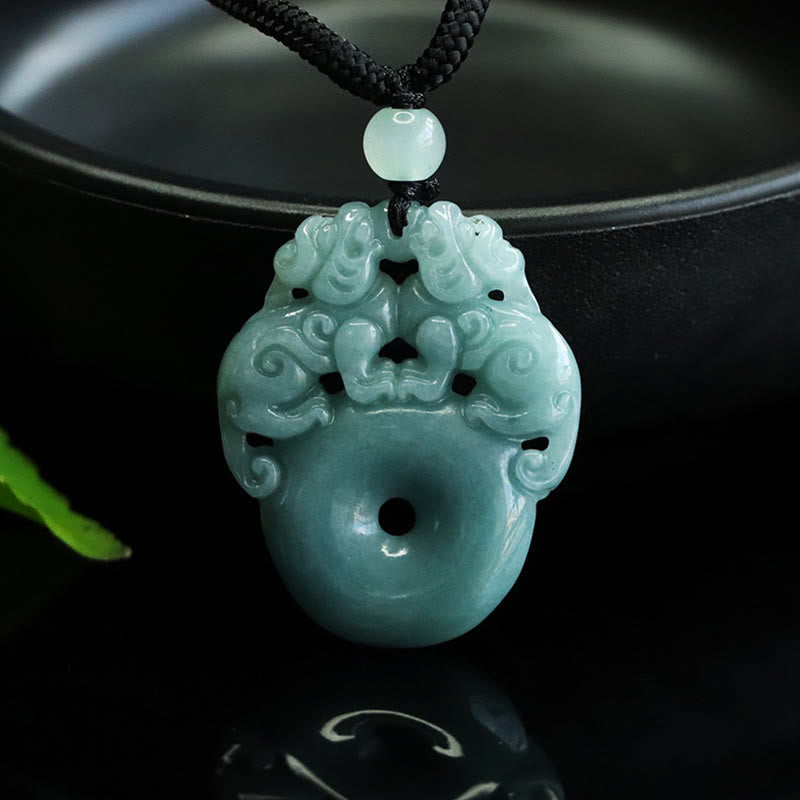 Nimara Ritual Double PiXiu Jade Peace Buckle Wealth Luck String Necklace Pendant