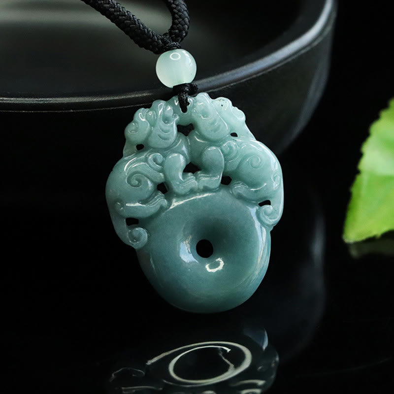 Nimara Ritual Double PiXiu Jade Peace Buckle Wealth Luck String Necklace Pendant