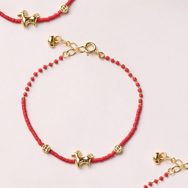 Nimara Ritual 925 Sterling Silver Plated Gold Year of the Horse Red Liuli Glass Prosperity Bracelet
