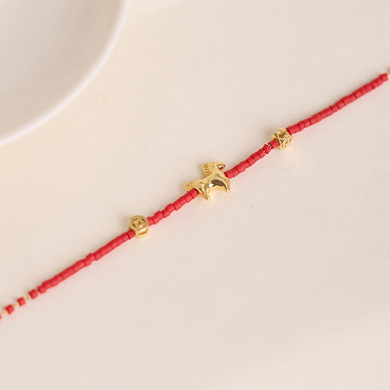 Nimara Ritual 925 Sterling Silver Plated Gold Year of the Horse Red Liuli Glass Prosperity Bracelet