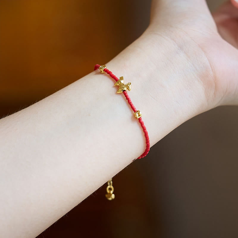 Nimara Ritual 925 Sterling Silver Plated Gold Year of the Horse Red Liuli Glass Prosperity Bracelet