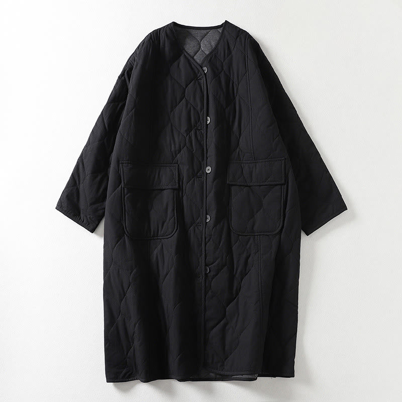 Nimara Ritual Plain Buttons V-Neck Long Sleeve Women's Cotton Coat With Pockets