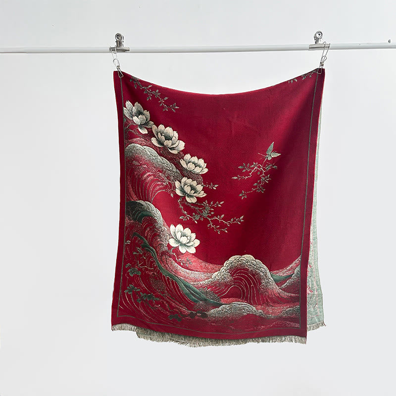 Nimara Ritual Fall Lotus Flowers Ocean Waves Pattern Soft Scarf Tassel Shawl