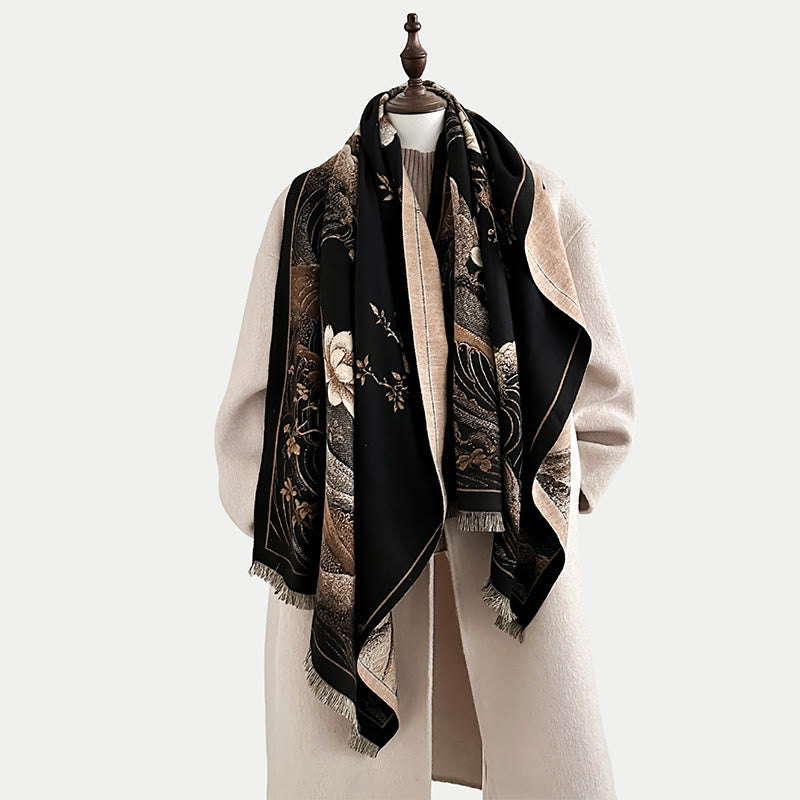 Nimara Ritual Fall Lotus Flowers Ocean Waves Pattern Soft Scarf Tassel Shawl