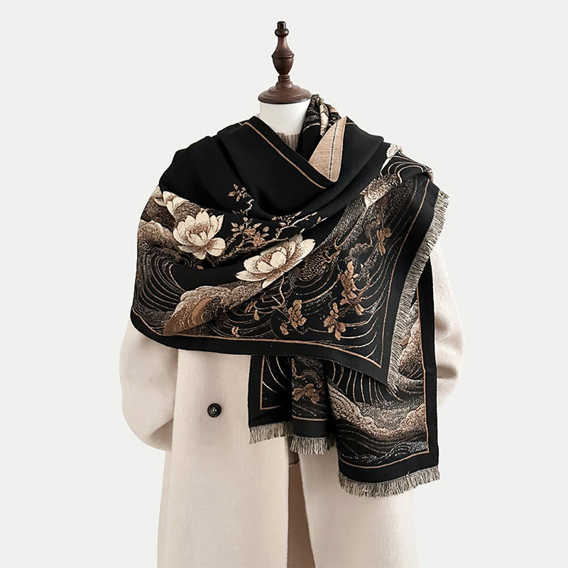 Nimara Ritual Fall Lotus Flowers Ocean Waves Pattern Soft Scarf Tassel Shawl
