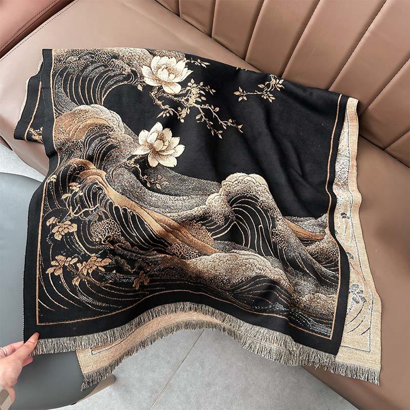 Nimara Ritual Fall Lotus Flowers Ocean Waves Pattern Soft Scarf Tassel Shawl