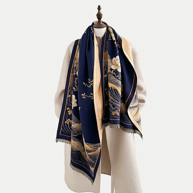 Nimara Ritual Fall Lotus Flowers Ocean Waves Pattern Soft Scarf Tassel Shawl